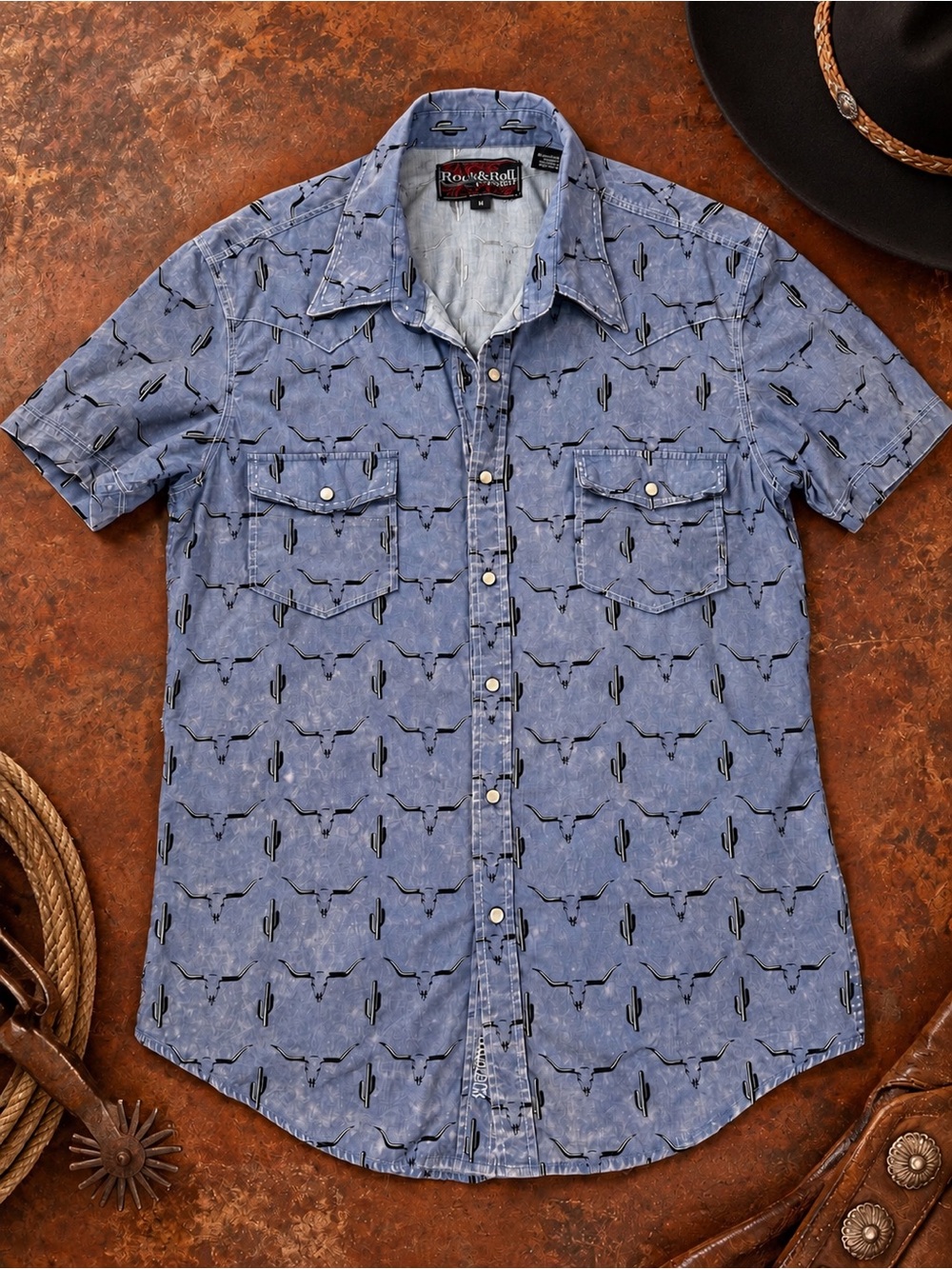 Rock & Roll Cowboy Shirt Men’s Medium Cotton Western Snap Blue Longhorn Rodeo